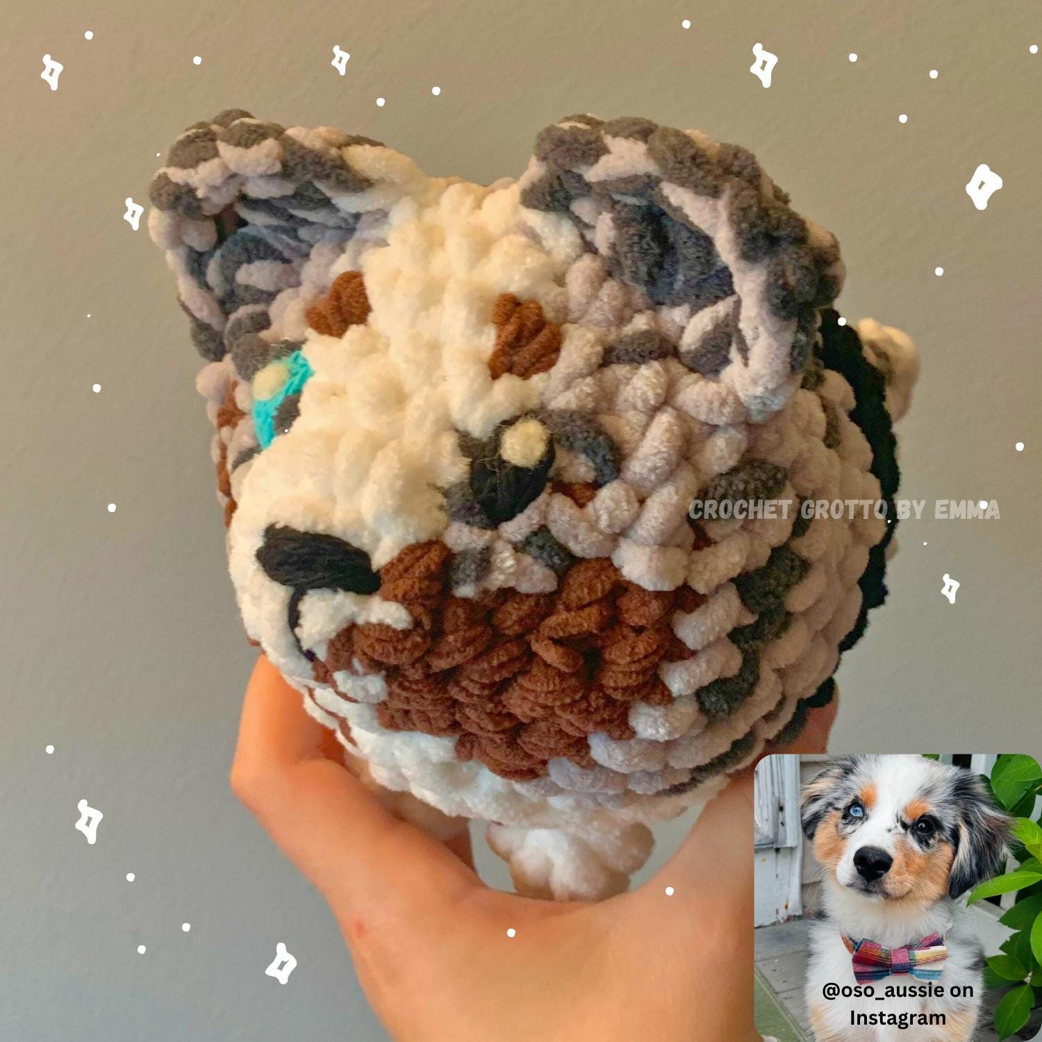 A crochet custom dog pet plushie featuring Merle blue Australian shepherd features.