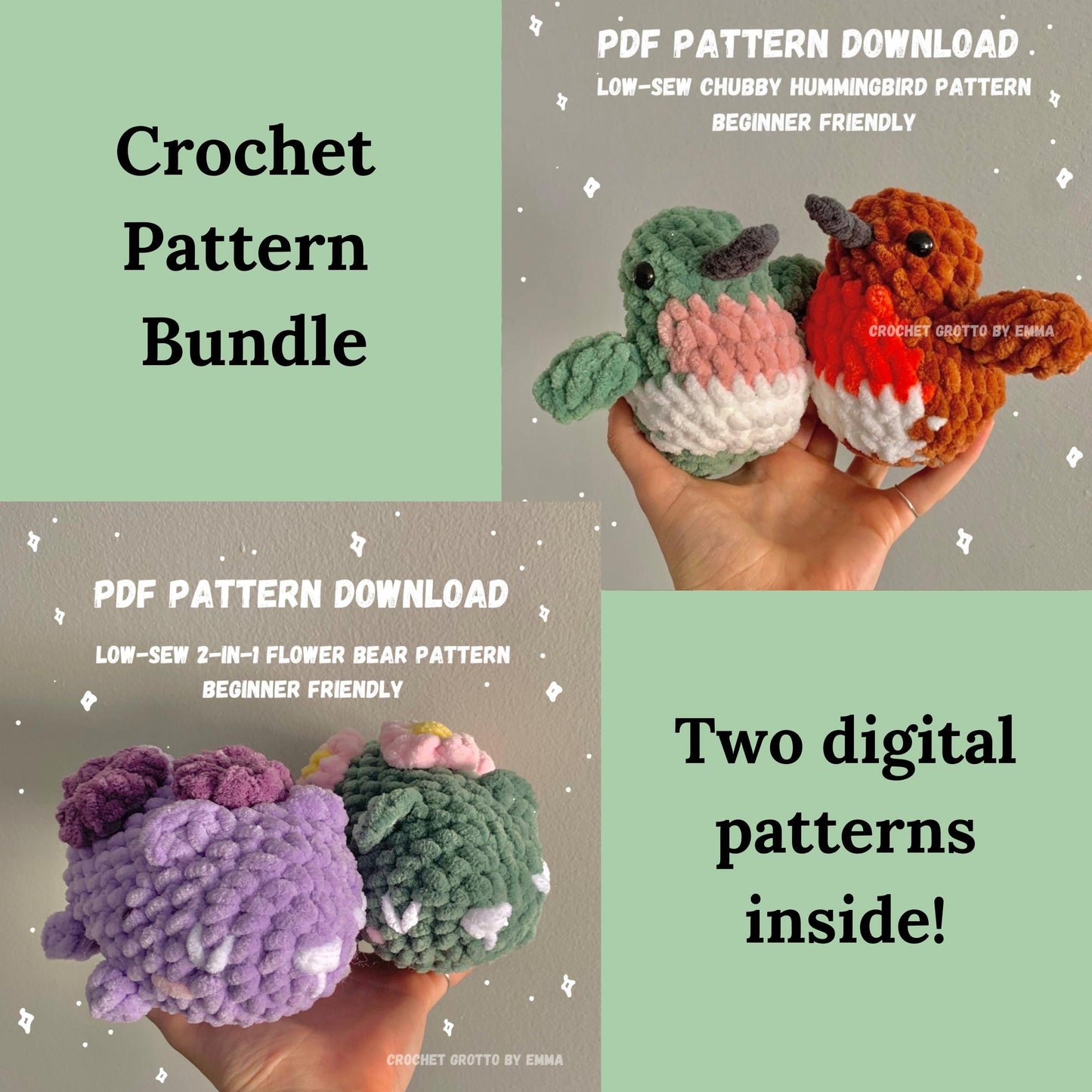 Crochet PDF Pattern Bundle: Hummingbirds & Flower Bears